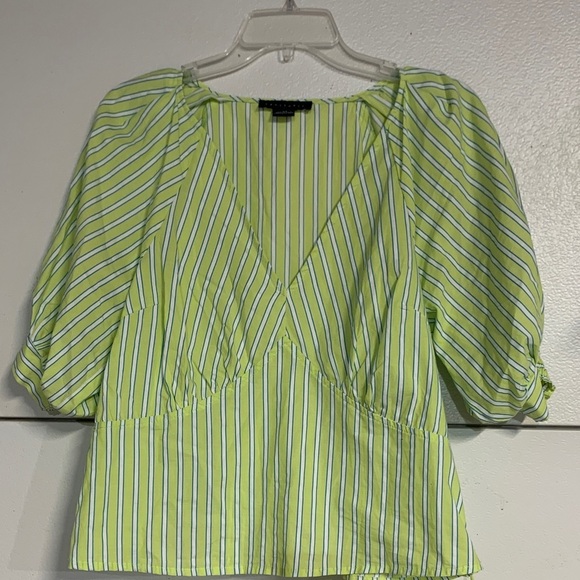 SANCTUARY STRIPED COTTON POPLIN BLOUSE TOP GREEN MEDIUM - Picture 2 of 9